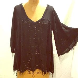 Free People Black Frayed Eyelet Lace Sheer Tunic M